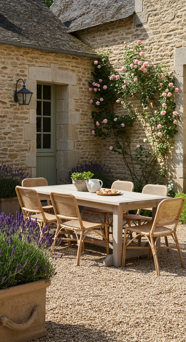 Table à manger en bois dans une cour en gravier, près d'un mur en pierre avec un rosier grimpant.