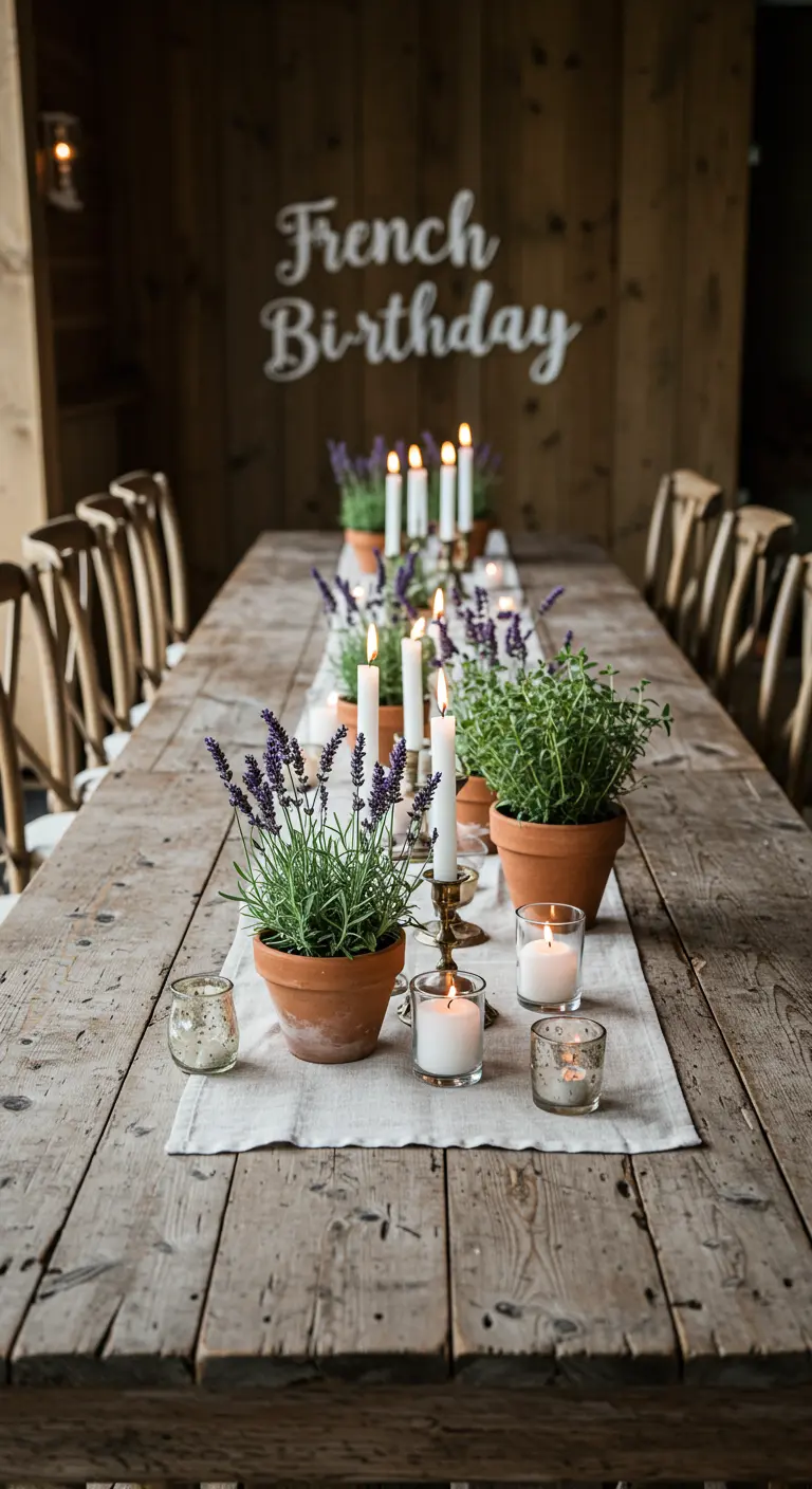 Table provençale avec pots de lavande en terre cuite et fines bougies.