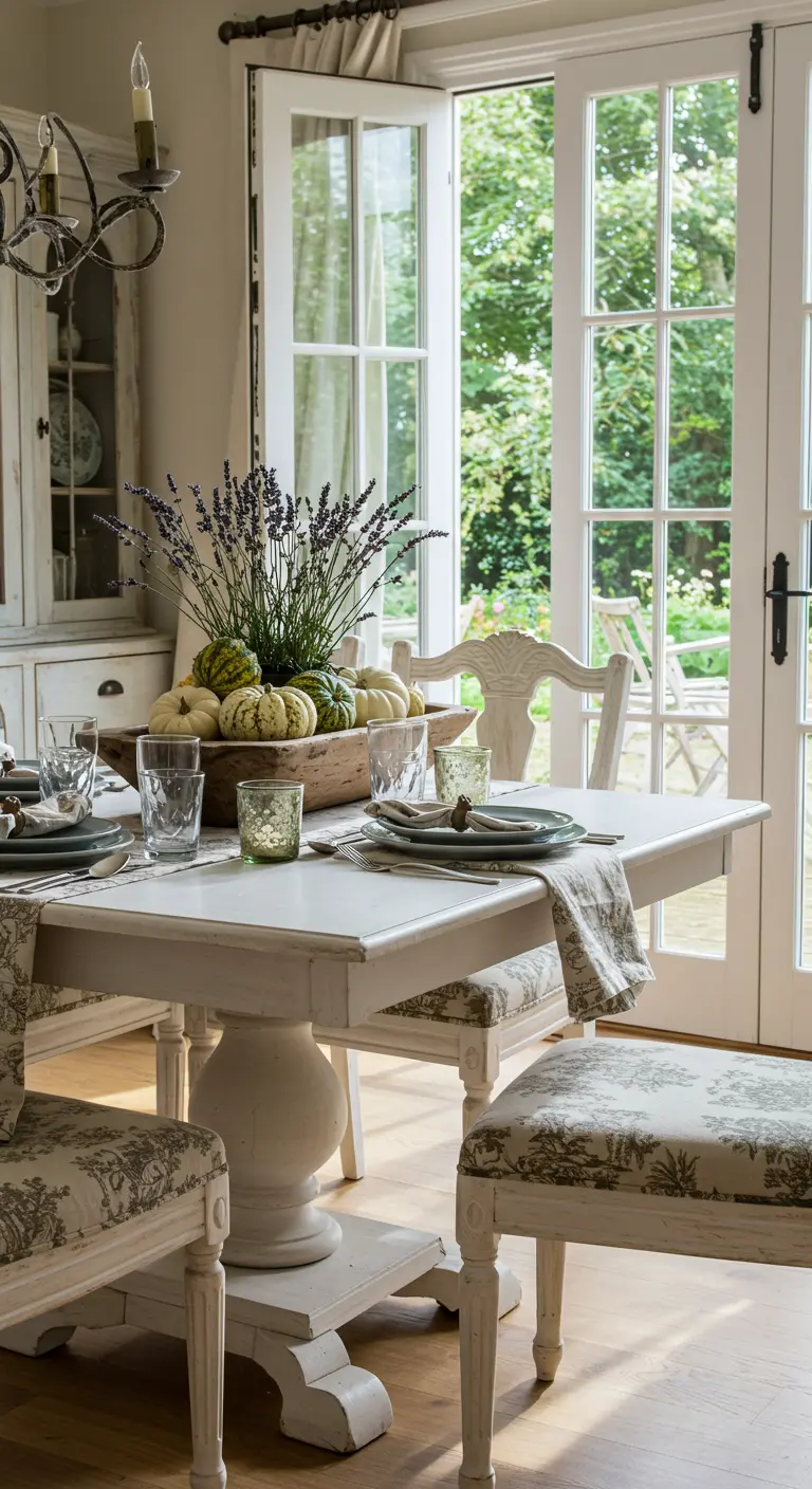 Table de style provençal blanche avec un centre de table de courges et de lavande.