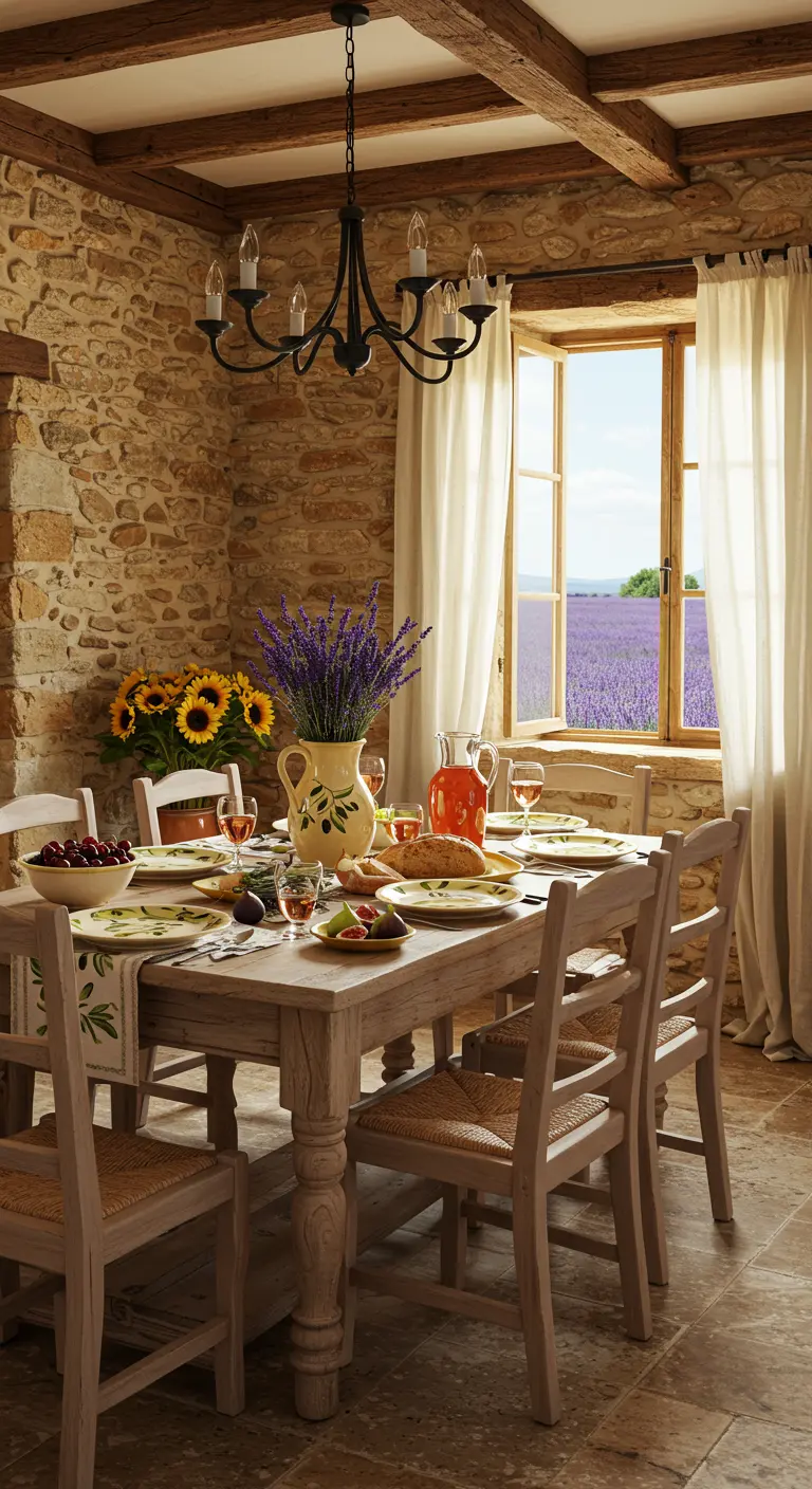 Table provençale avec vaisselle jaune, chemin de table et bouquet de lavande et tournesols.