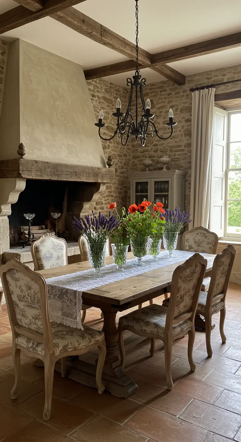 Salle à manger provençale avec table en bois, nappe en dentelle et vases de lavande et coquelicots