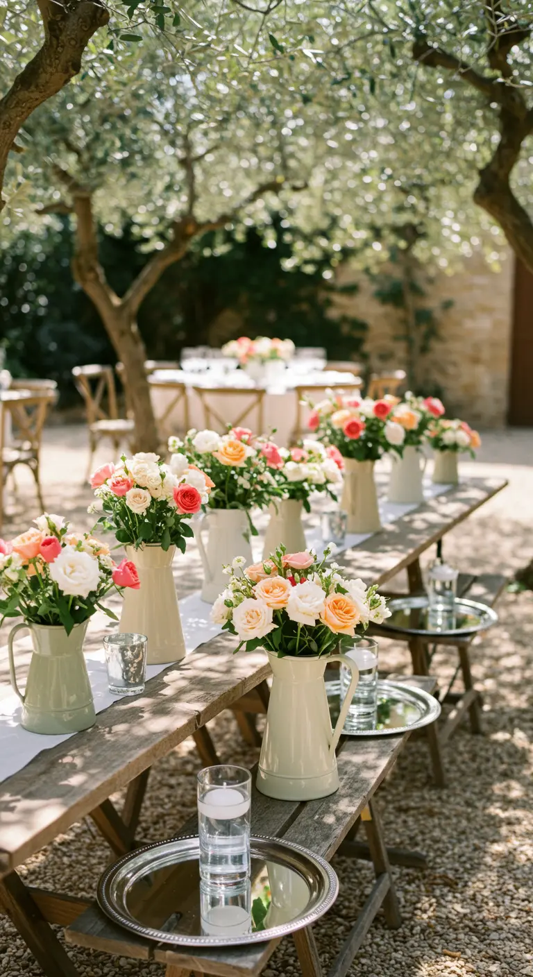Table de banquet en plein air avec des pichets de roses sous des oliviers.