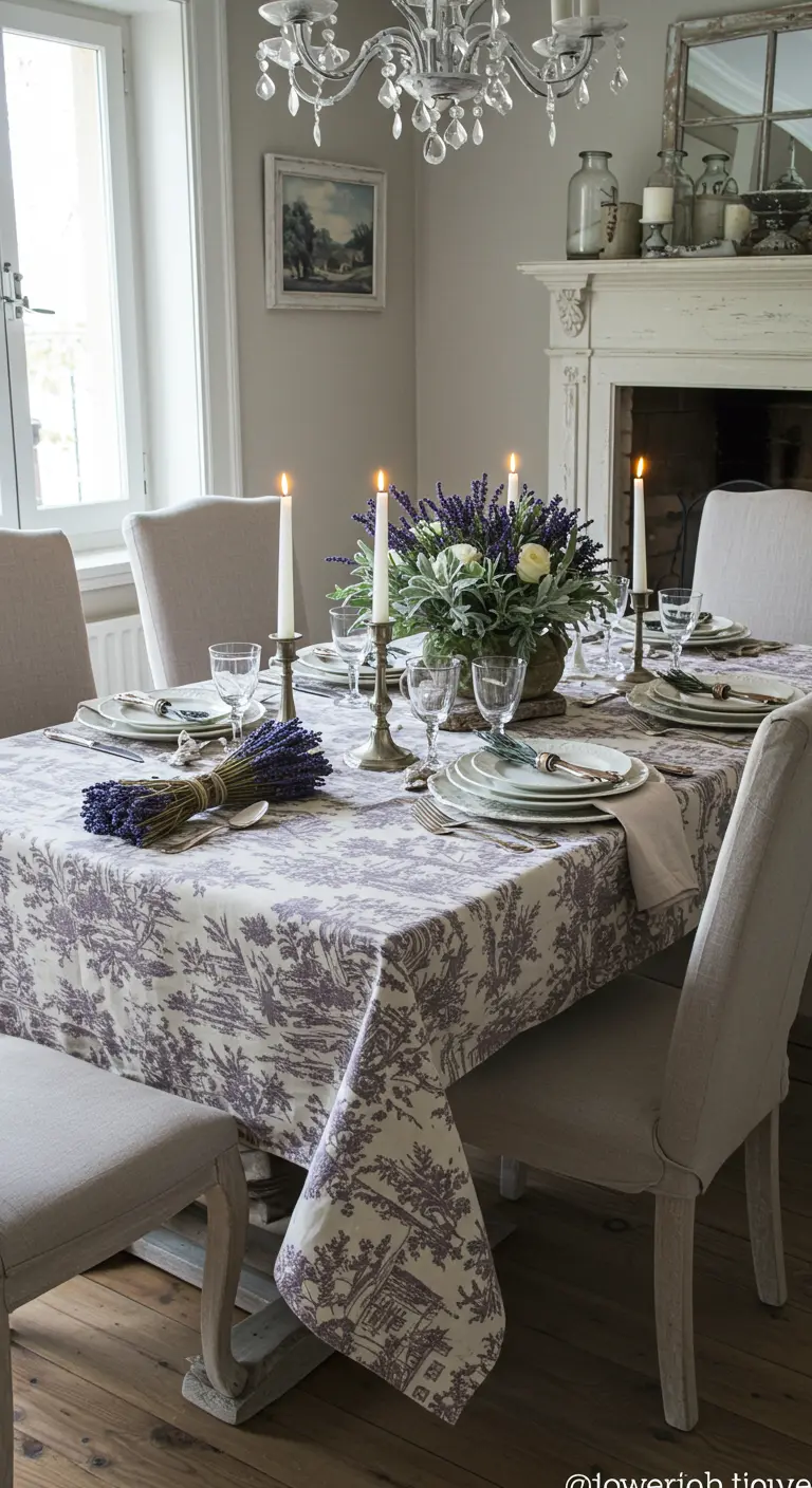 Table élégante avec une nappe à motifs Toile de Jouy, des chandeliers et des bouquets de lavande.