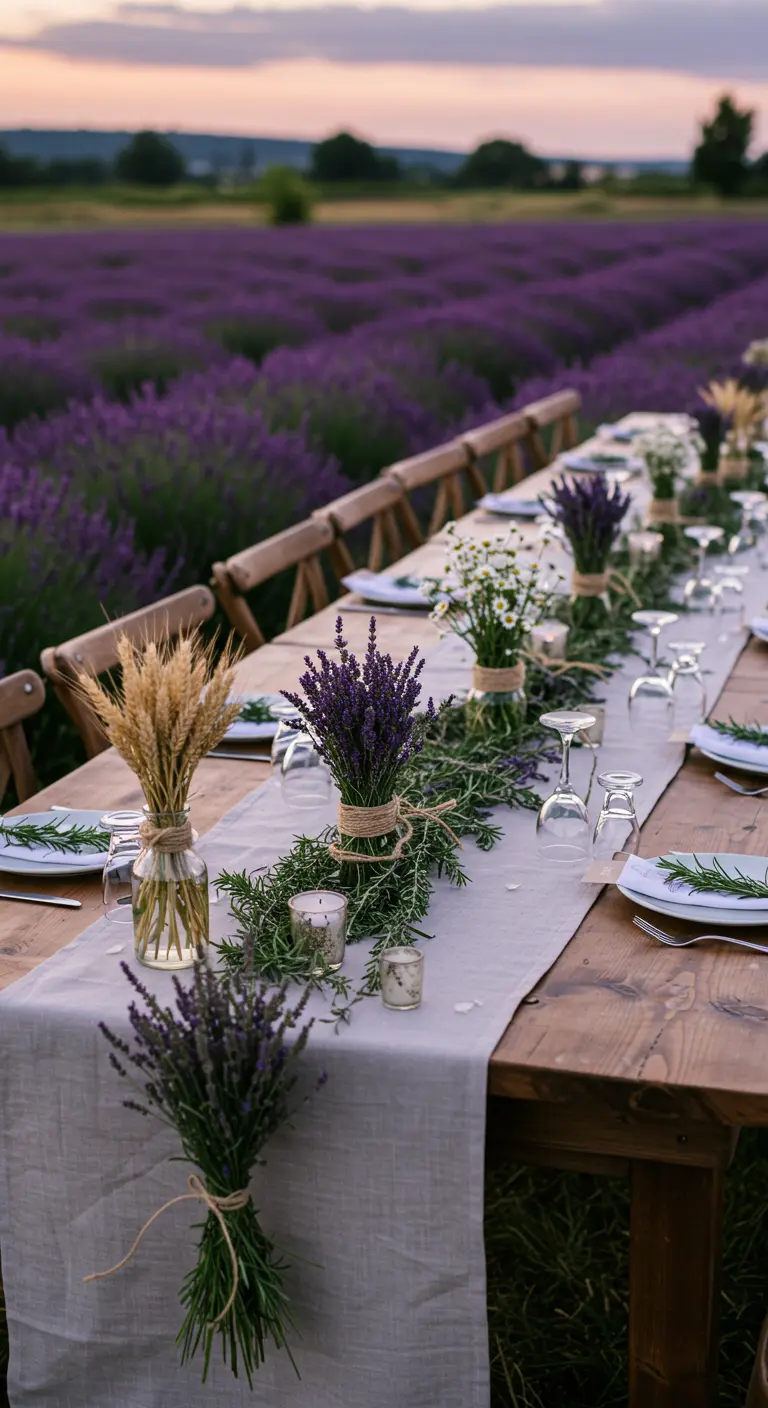 Longue table dans un champ de lavande, décorée de bouquets de lavande et de romarin.