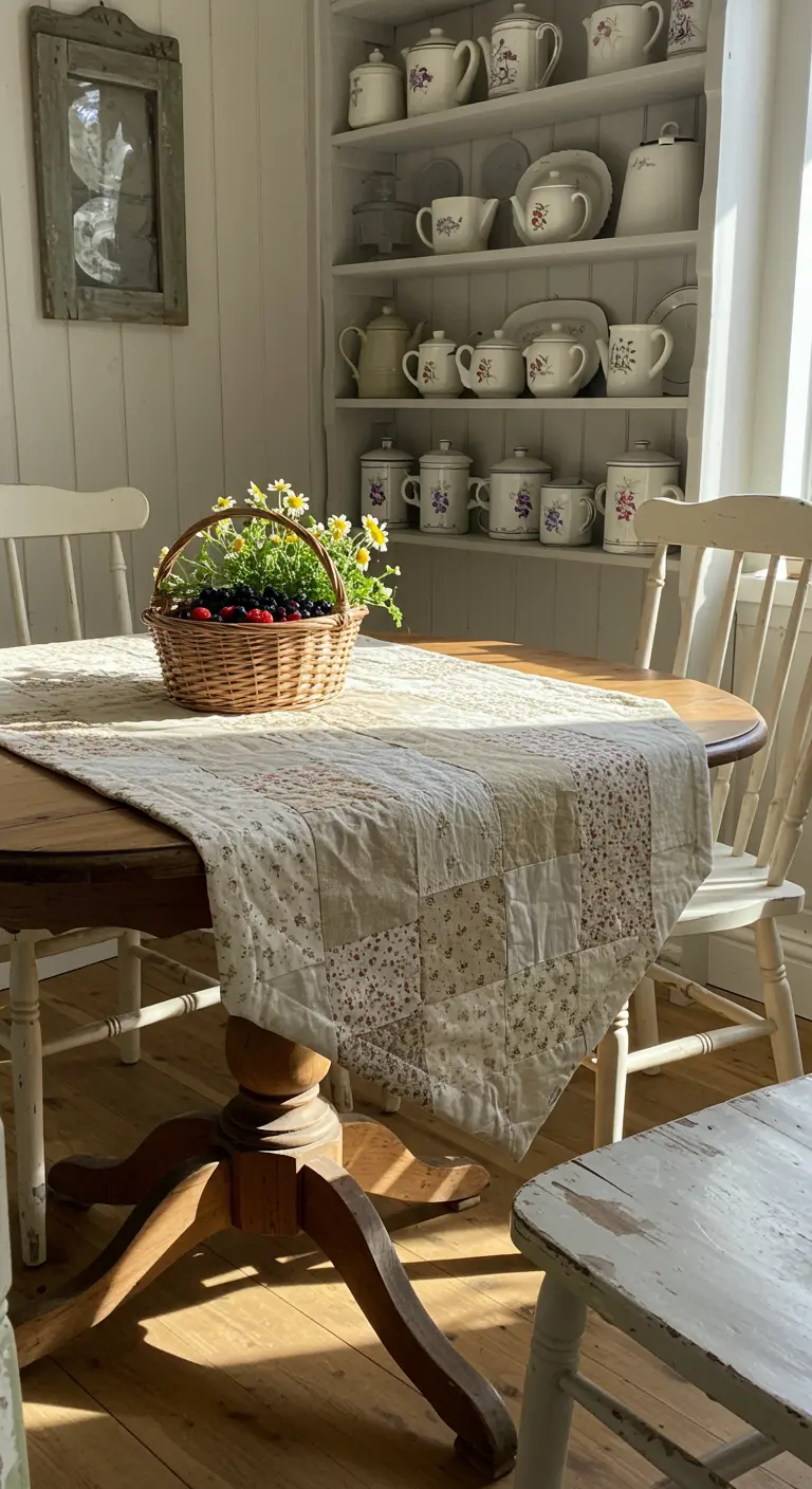 Chemin de table en patchwork avec un panier de fruits des bois et de fleurs sur une table ovale.
