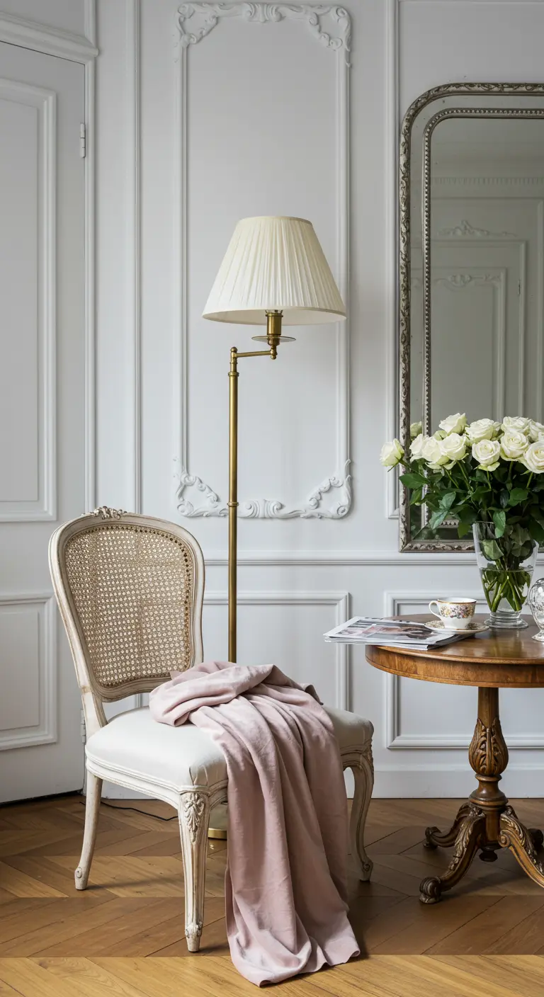 Chaise médaillon cannage, plaid rose, lampe laiton, table ronde, roses blanches, grand miroir.