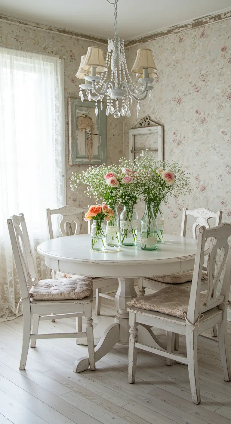 Salle à manger shabby chic avec un centre de table de roses pâles et de gypsophile dans des bouteilles en verre.