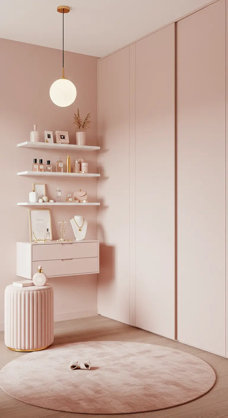Dressing rose poudré avec étagères blanches, parfums, bijoux, tapis rond et pouf cannelé.