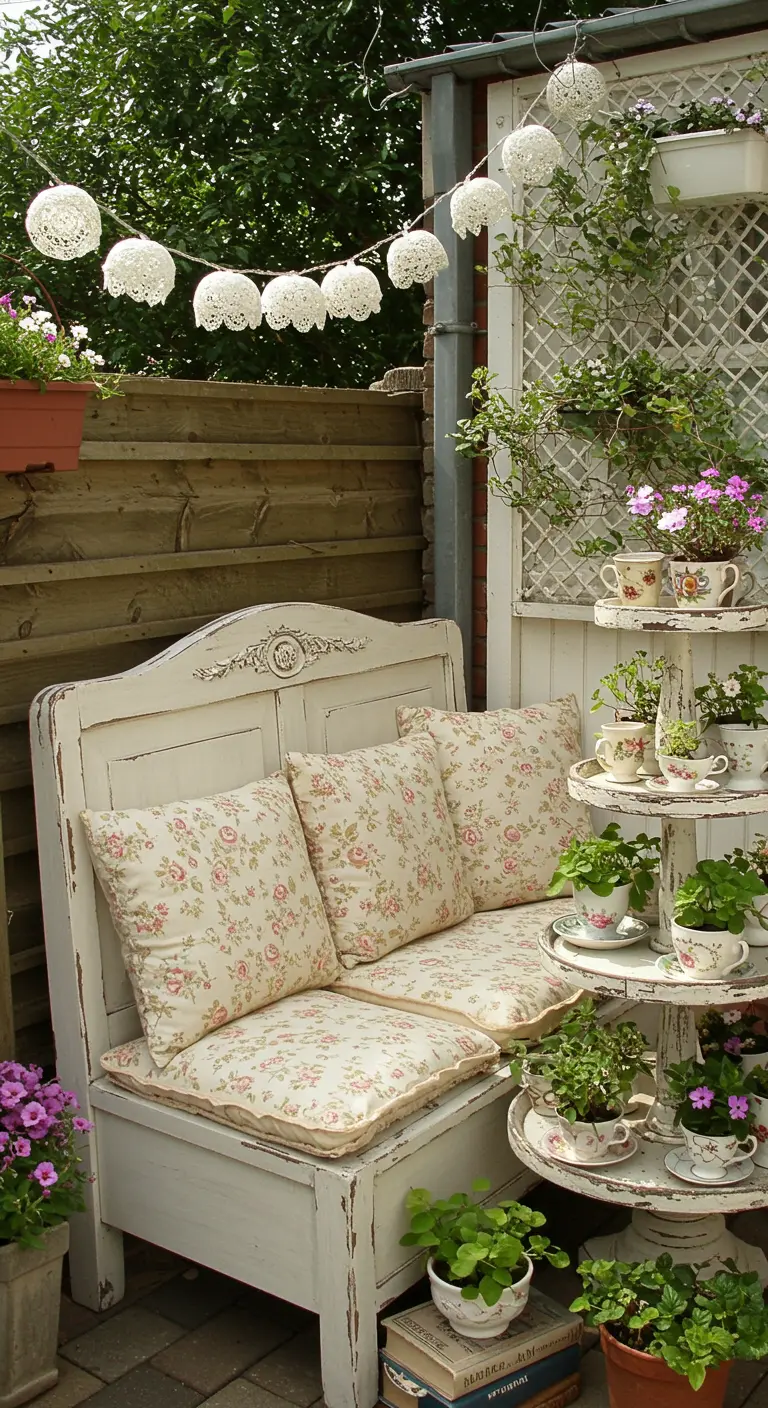 Banc blanc de style shabby chic avec des coussins à motifs floraux.