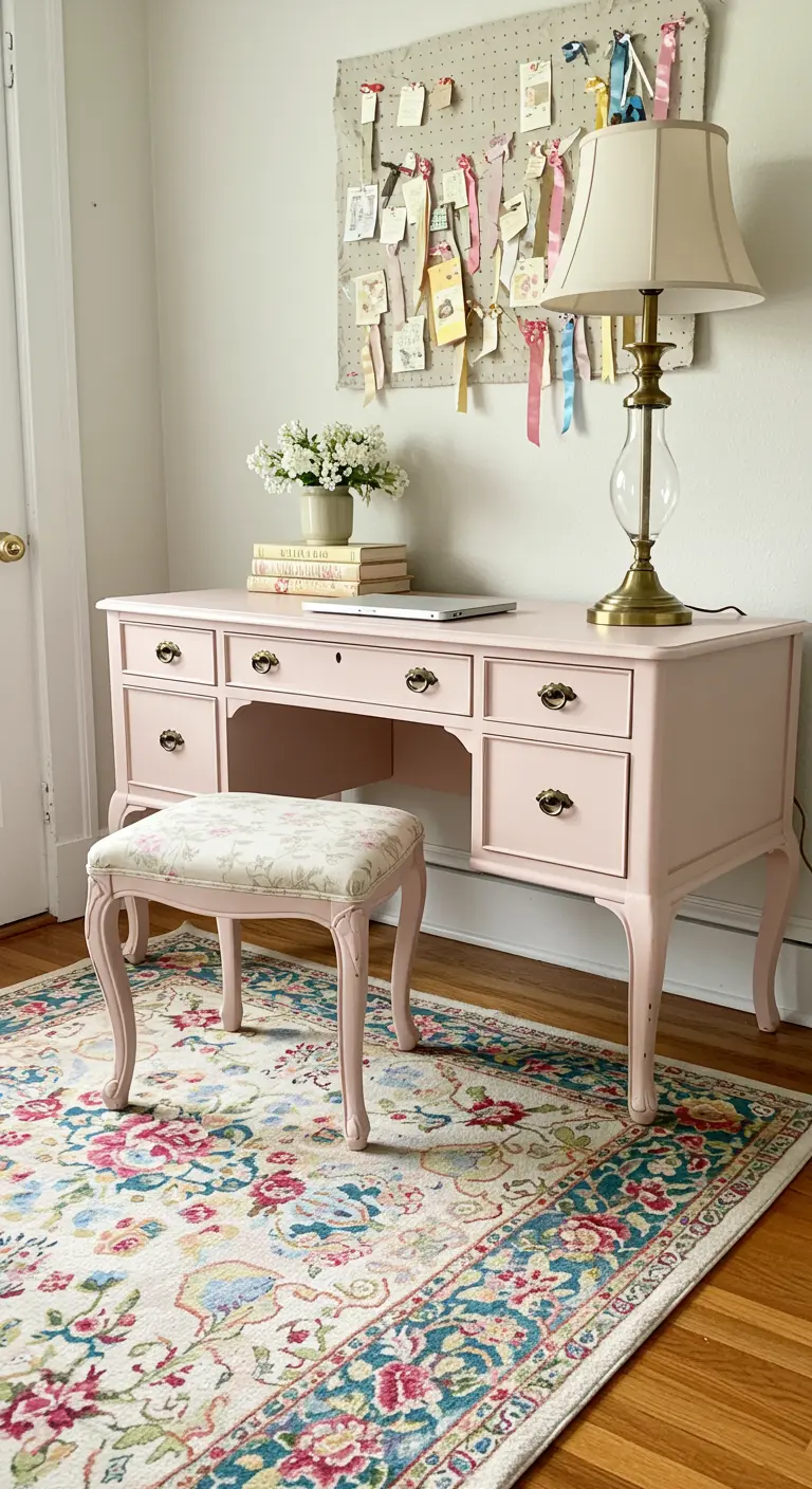 Bureau de style Louis XV repeint en rose poudré avec un tabouret assorti et un tapis persan.