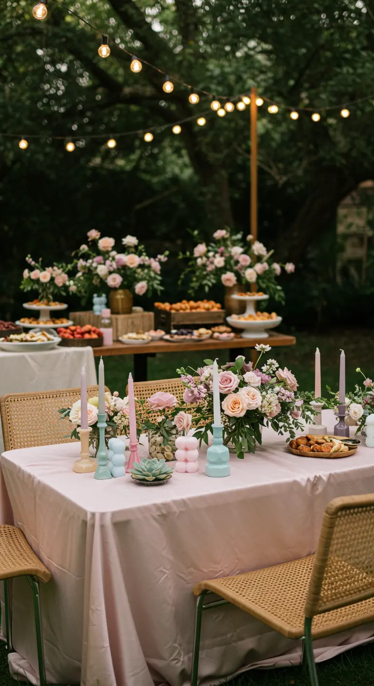 Table d'extérieur avec nappe rose pastel, bougies originales et petits bouquets printaniers.