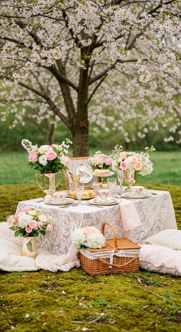 Tea party romantique sous les arbres avec nappe en dentelle, roses roses, pâtisseries et vaisselle vintage.