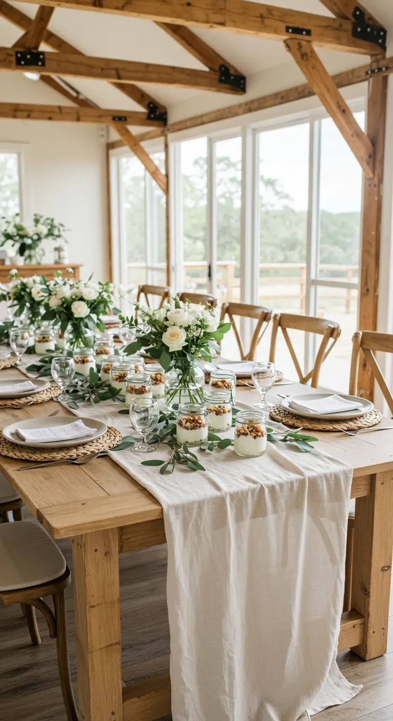 Longue table en bois avec chemin de table en lin, bocaux de yaourt et granola, et bouquets de fleurs blanches.