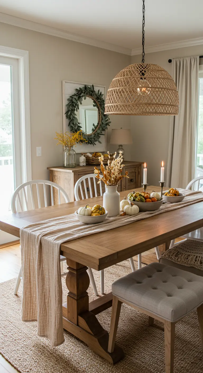 Chemin de table en gaze de coton avec citrouilles, fleurs séchées et bougies sur une table en bois.
