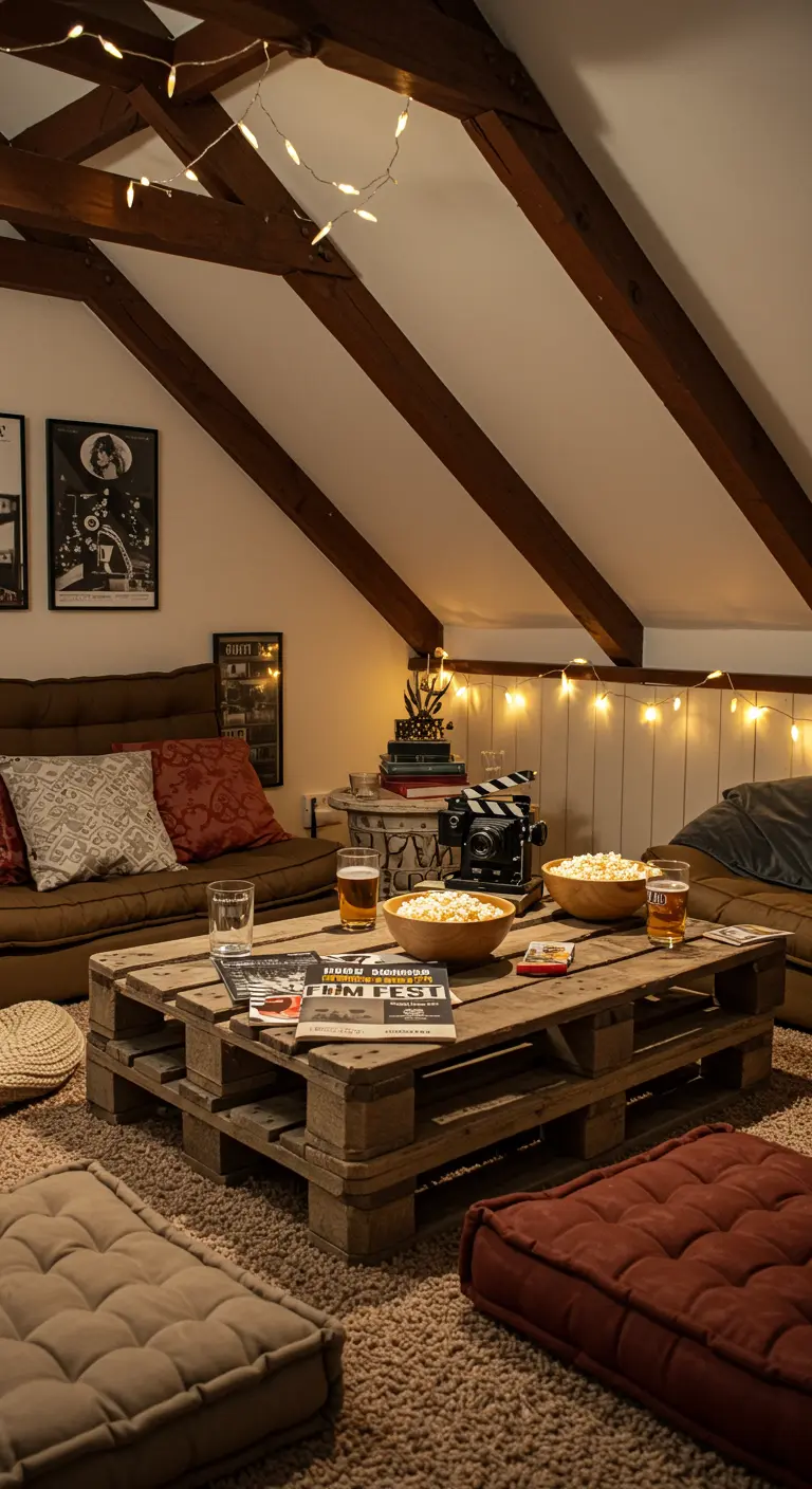 Table basse en palettes avec coussins de sol et guirlandes lumineuses pour un cinéma maison.