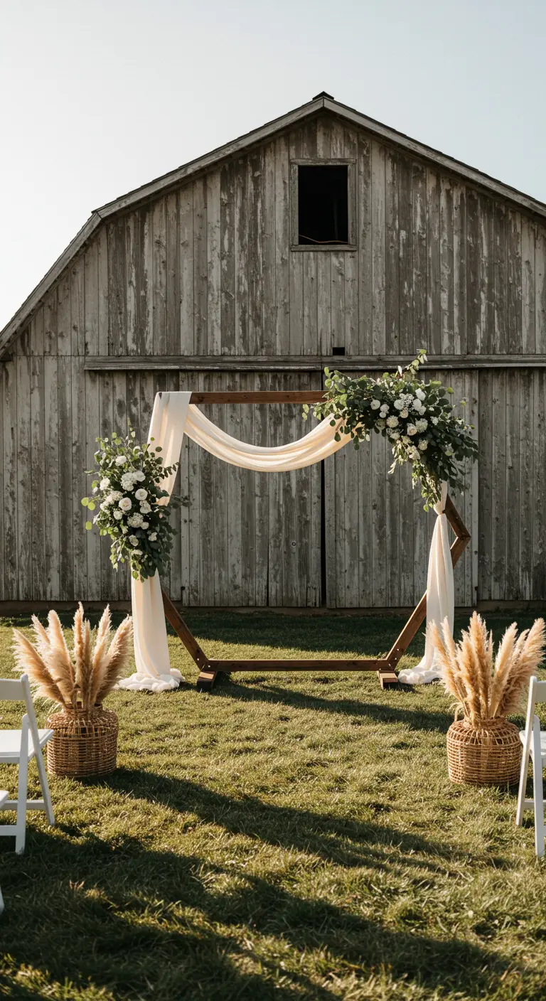 Arche hexagonale en bois drapée de tissu blanc devant une grange rustique.