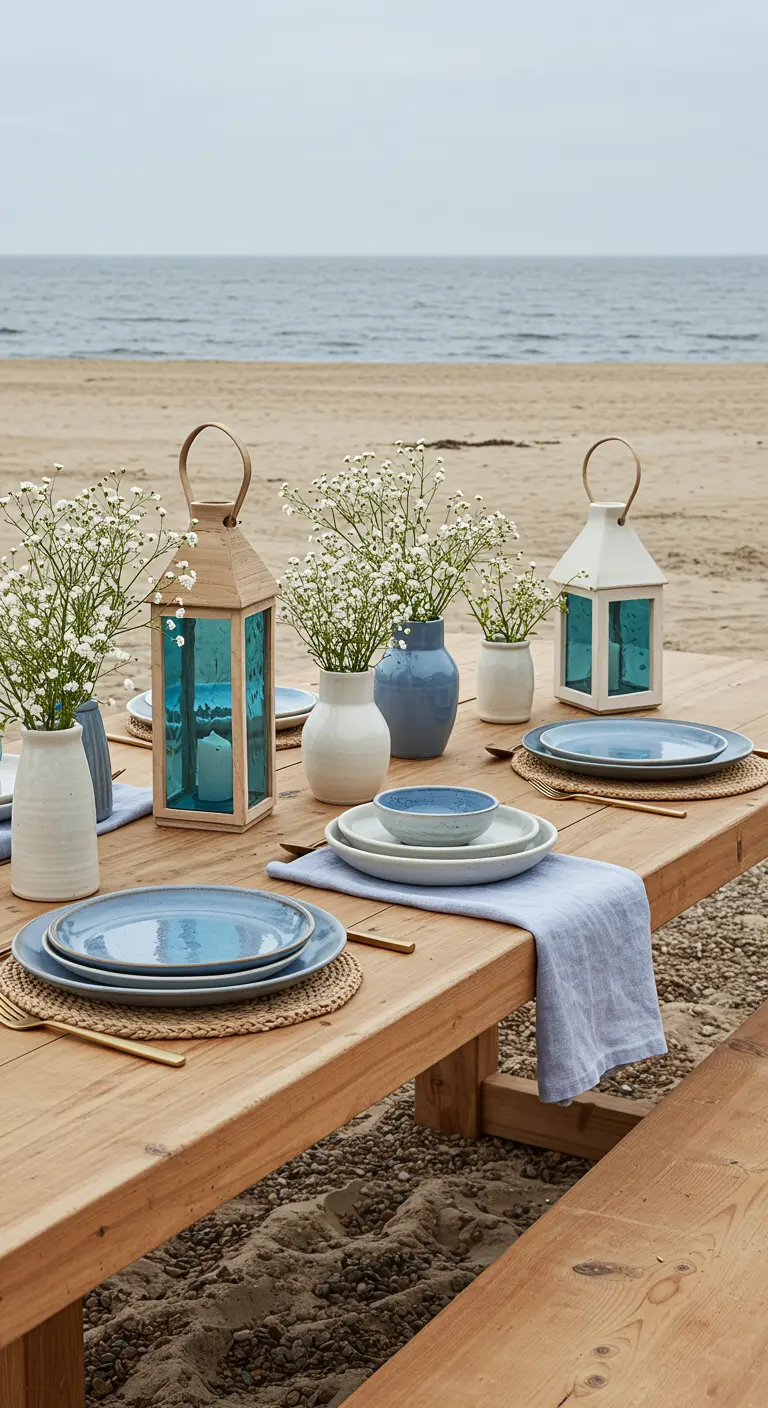 Table en bois sur une plage, avec lanternes en bois, vases bleus, et vaisselle pastel.