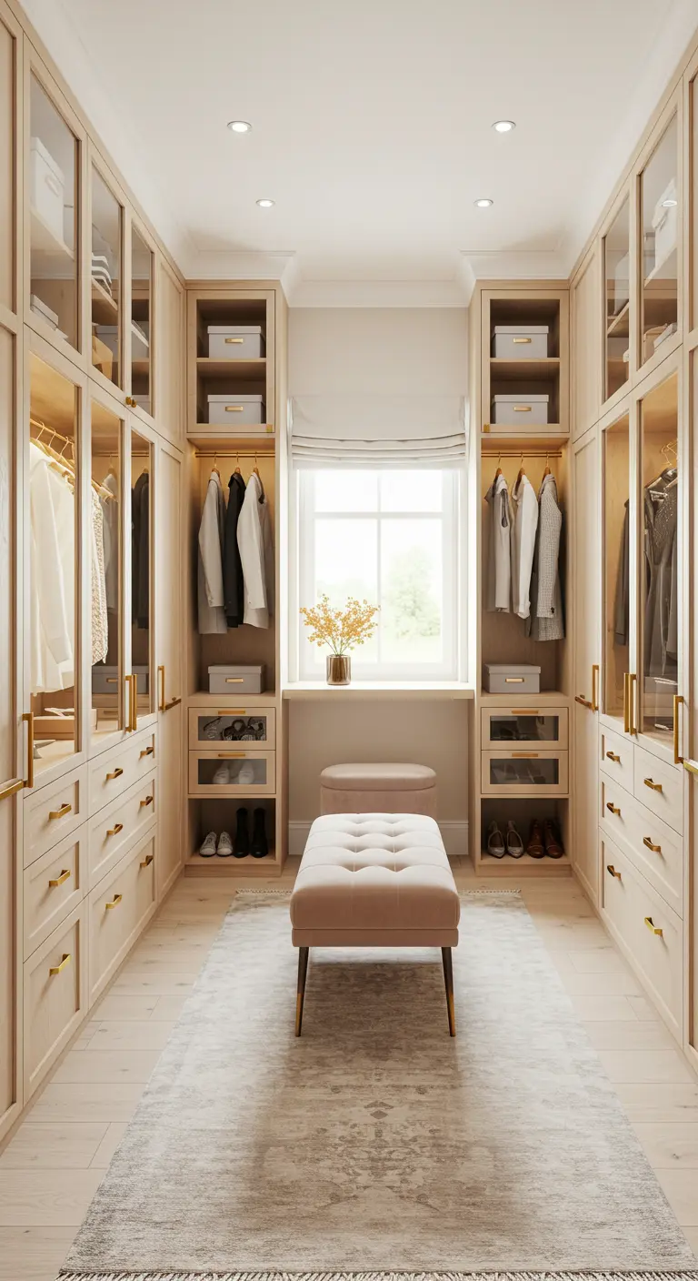 Dressing lumineux en bois clair avec fenêtre, banc central et rangements intégrés.