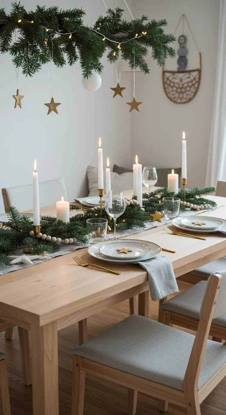 Table en bois clair avec chemin de table en sapin, perles en bois et étoiles dorées suspendues.