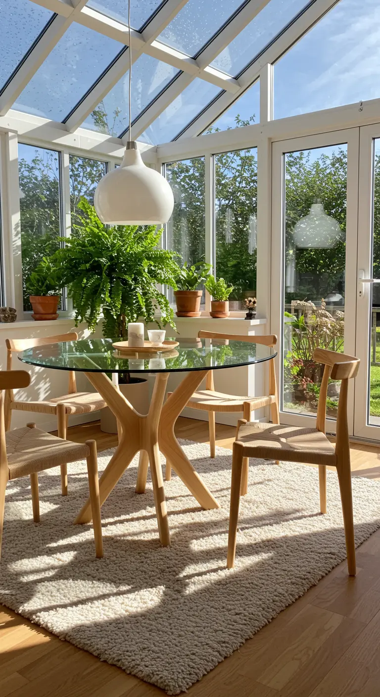 Table ronde en verre avec pied en bois clair dans une véranda lumineuse.
