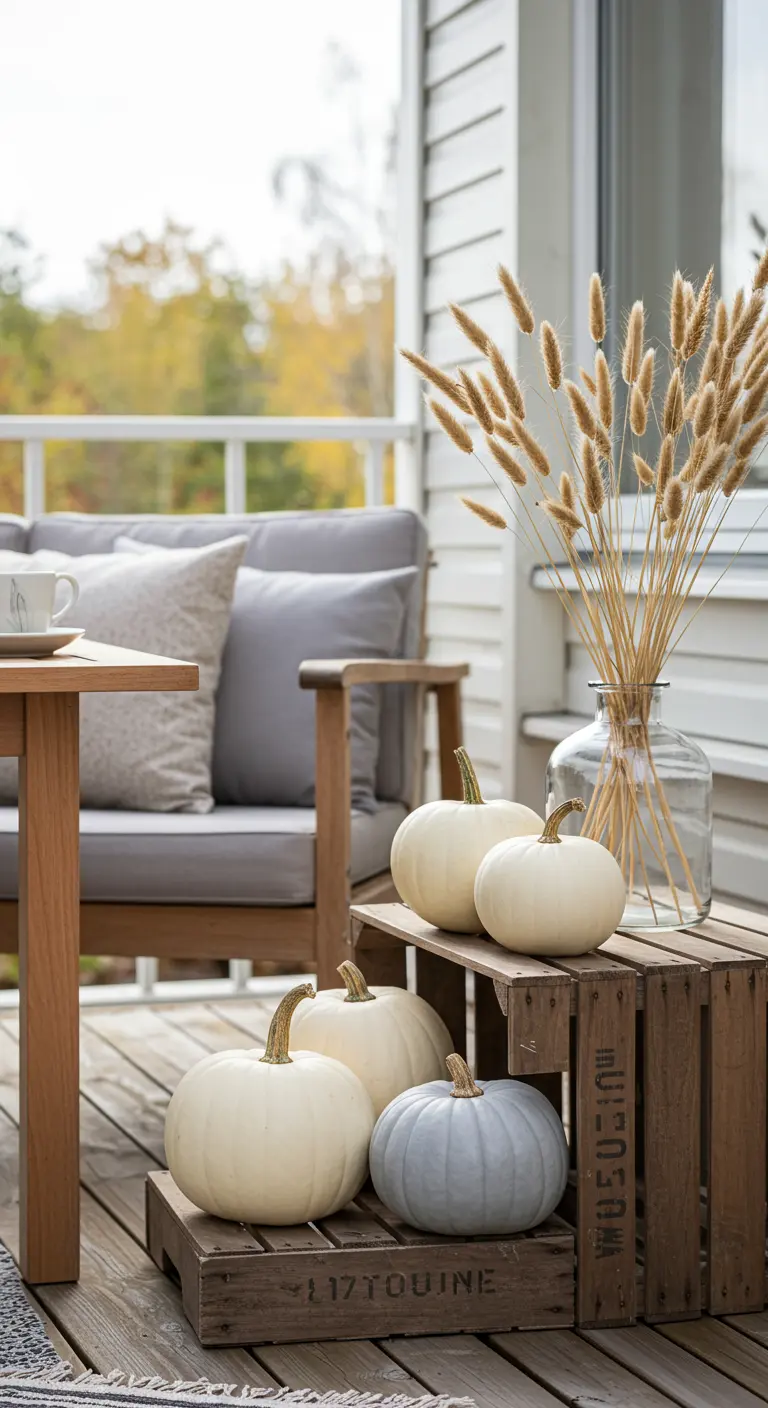Décor de terrasse scandinave avec des citrouilles blanches et grises sur une caisse en bois.