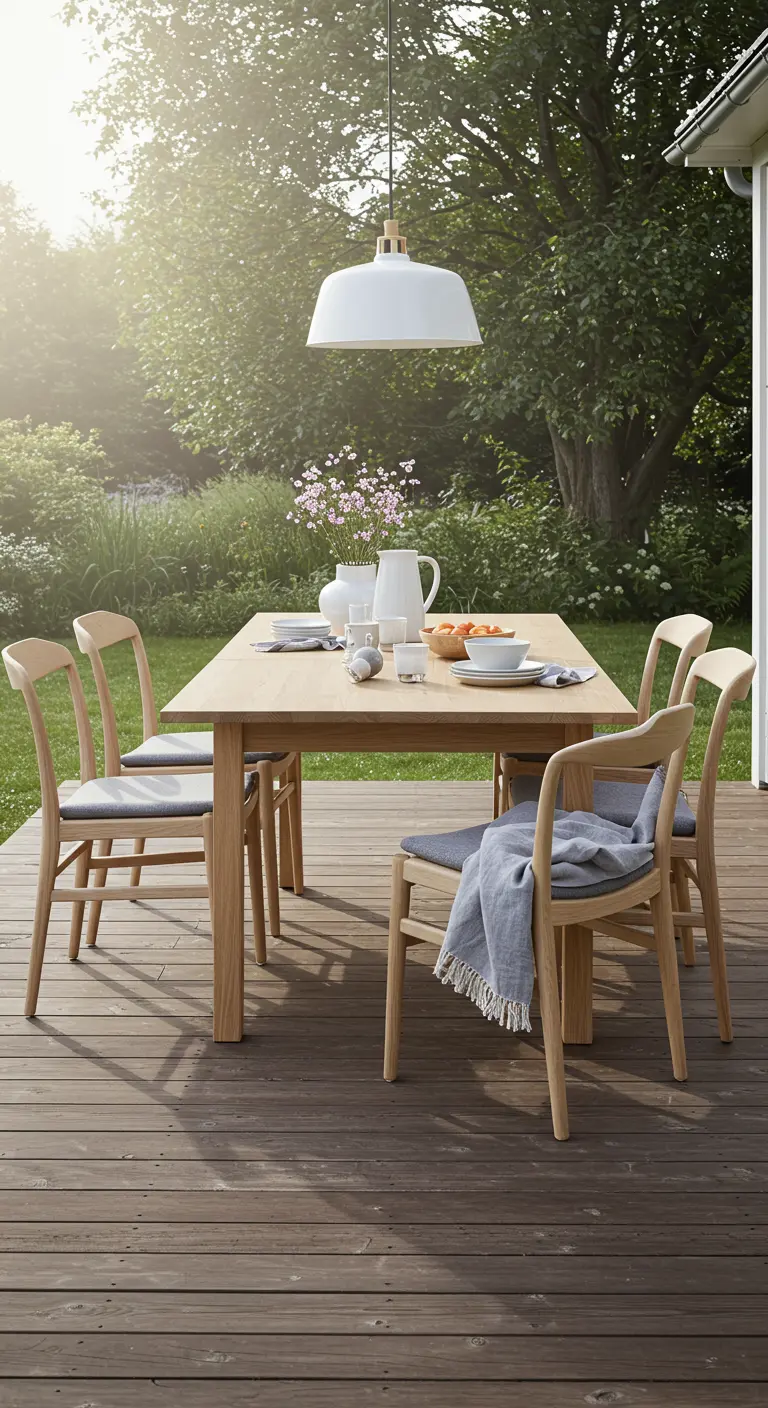 Table en bois clair et chaises design sur une terrasse en bois.