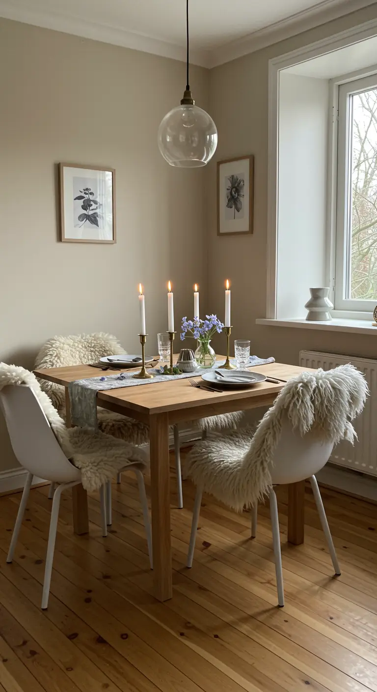 Table de salle à manger scandinave avec des chaises recouvertes de peaux de mouton.