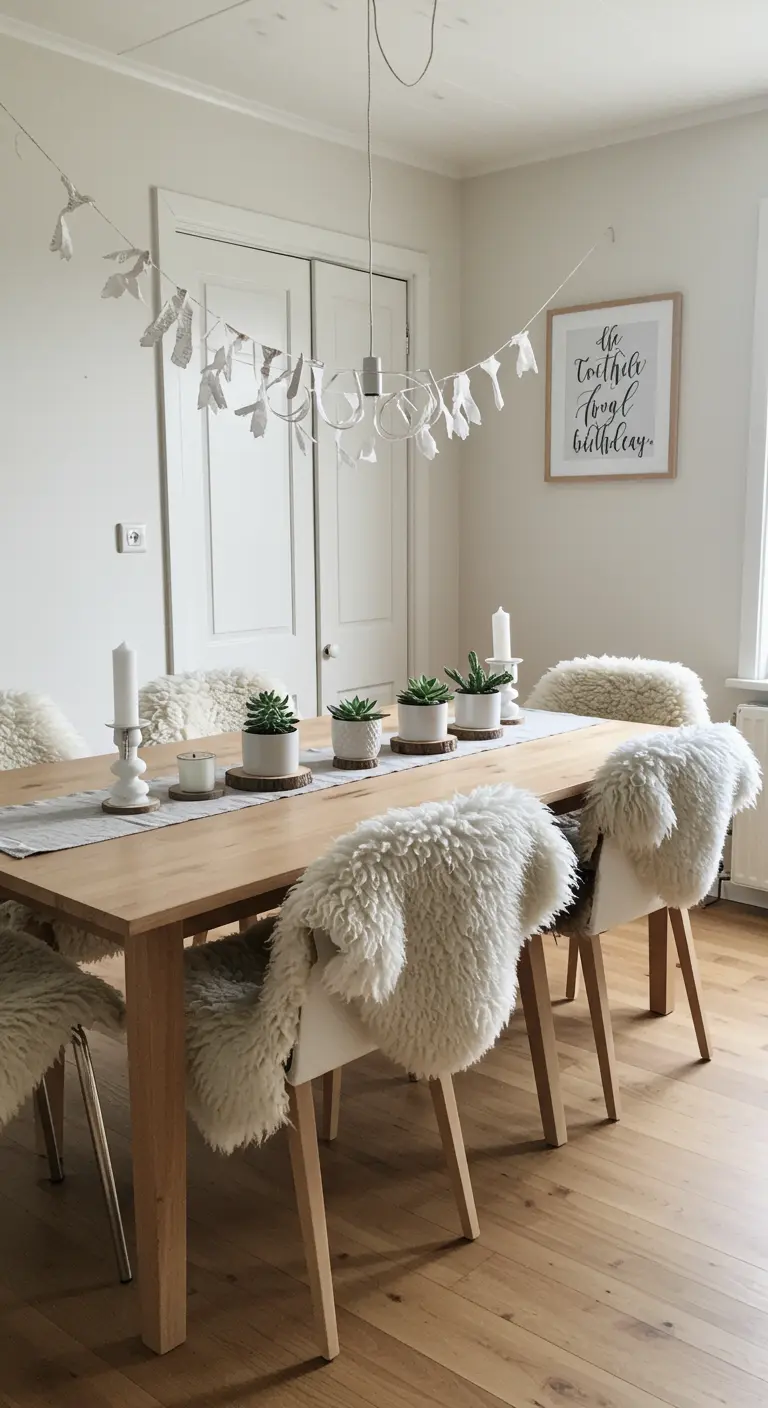 Table de salle à manger scandinave avec des succulentes en pots blancs et des bougies.