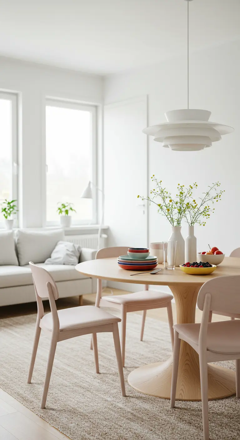 Table en bois clair avec chaises roses, assiettes empilées de couleurs variées et fruits.