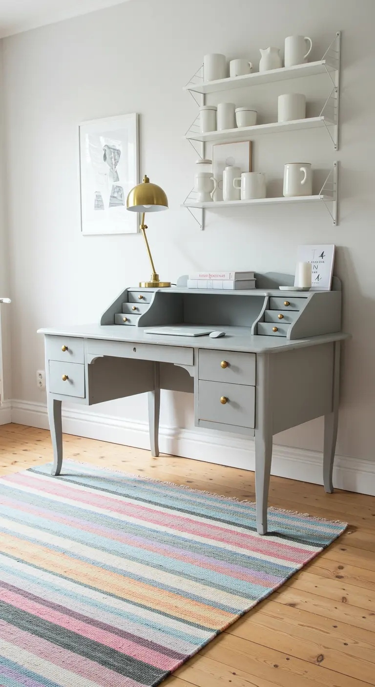 Bureau secrétaire gris clair avec poignées en laiton, tapis à rayures pastel et étagères murales.