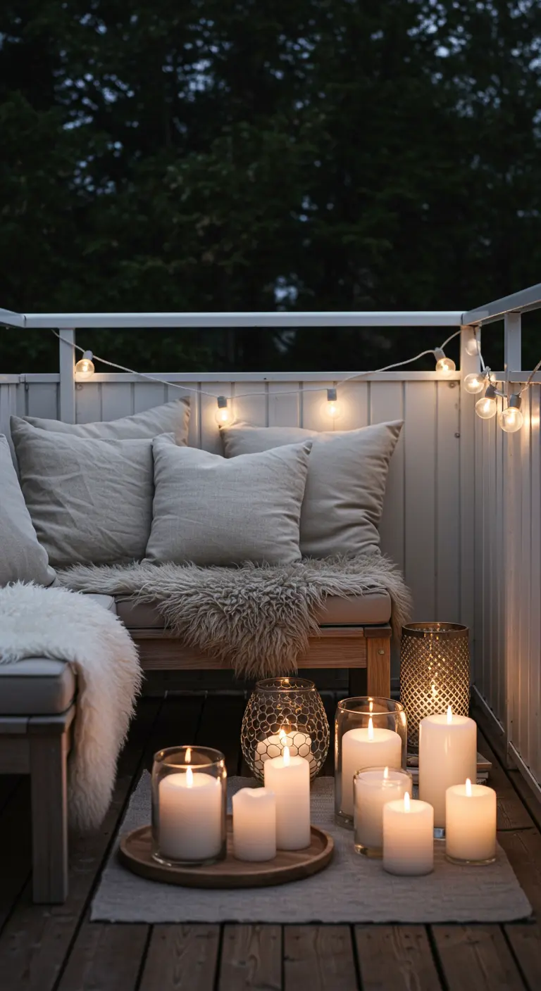 Balcon scandinave avec banquette, coussins en lin et un plateau de bougies.