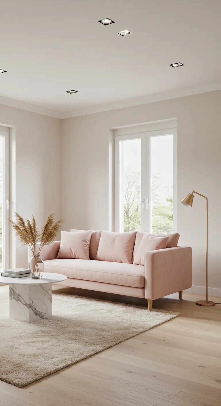 Salon cocooning avec canapé en velours rose poudré, tapis shaggy crème, table basse en marbre et lampe dorée.