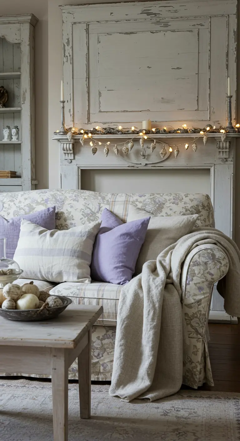 Salon shabby chic avec une guirlande lumineuse sur une cheminée blanche.