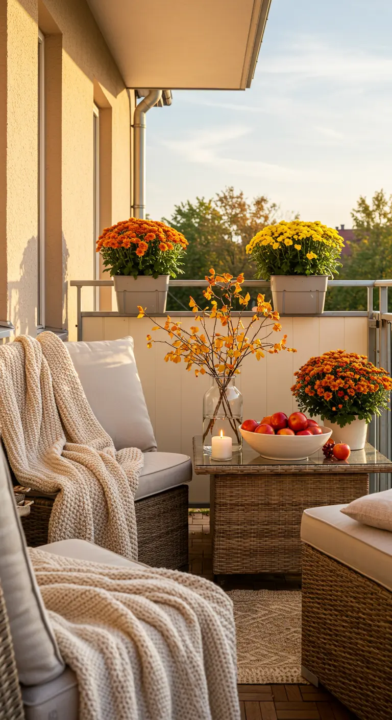 Salon de jardin confortable avec des plaids beiges et des pots de chrysanthèmes.