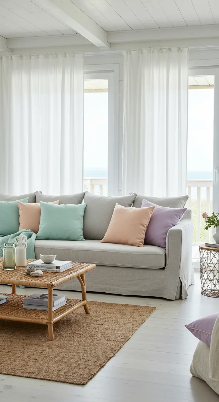 Canapé en lin gris clair avec un assortiment de coussins aux tons pastel doux.