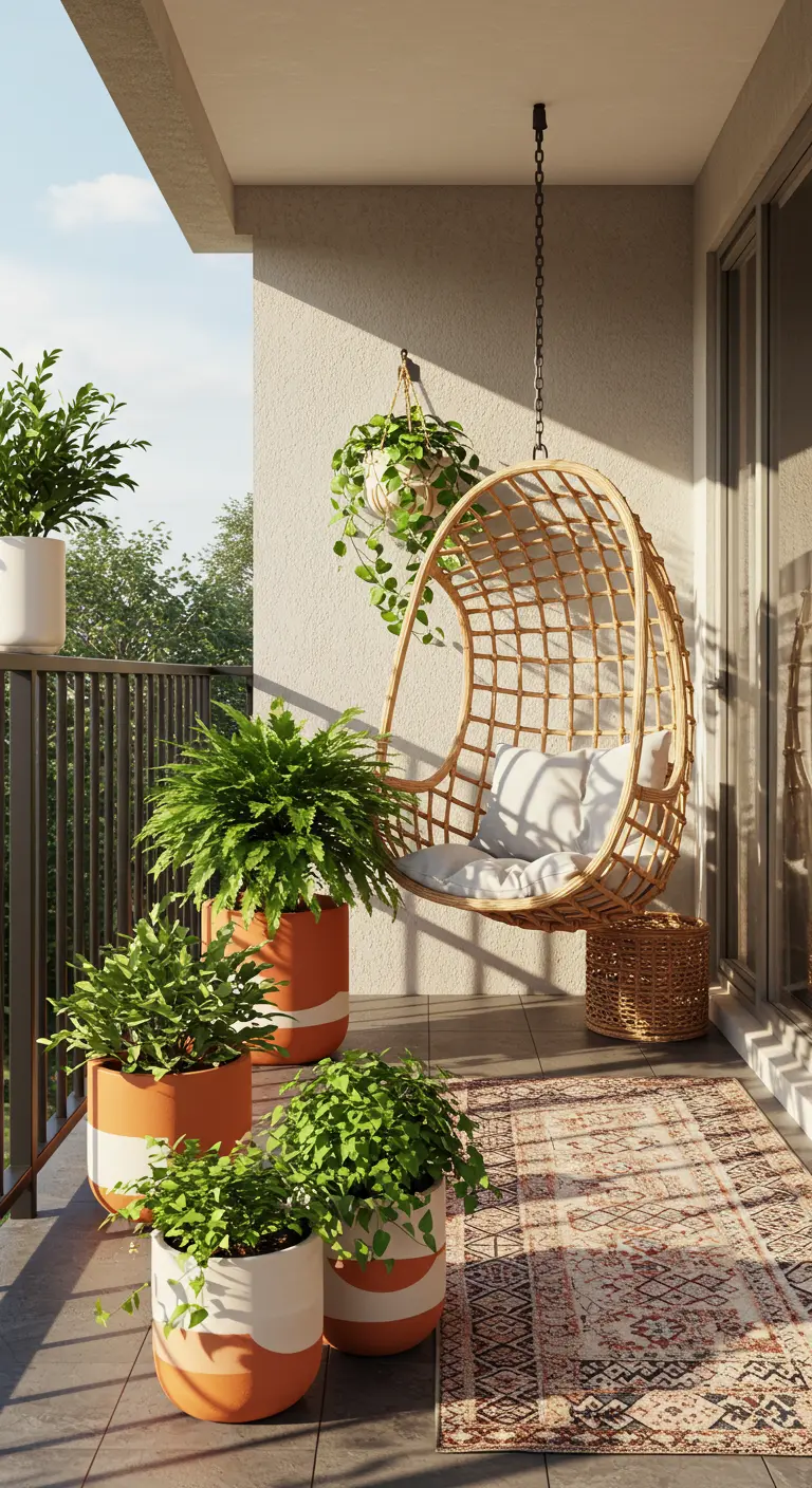 Pots en terre cuite peints en orange et blanc sur un balcon ensoleillé.
