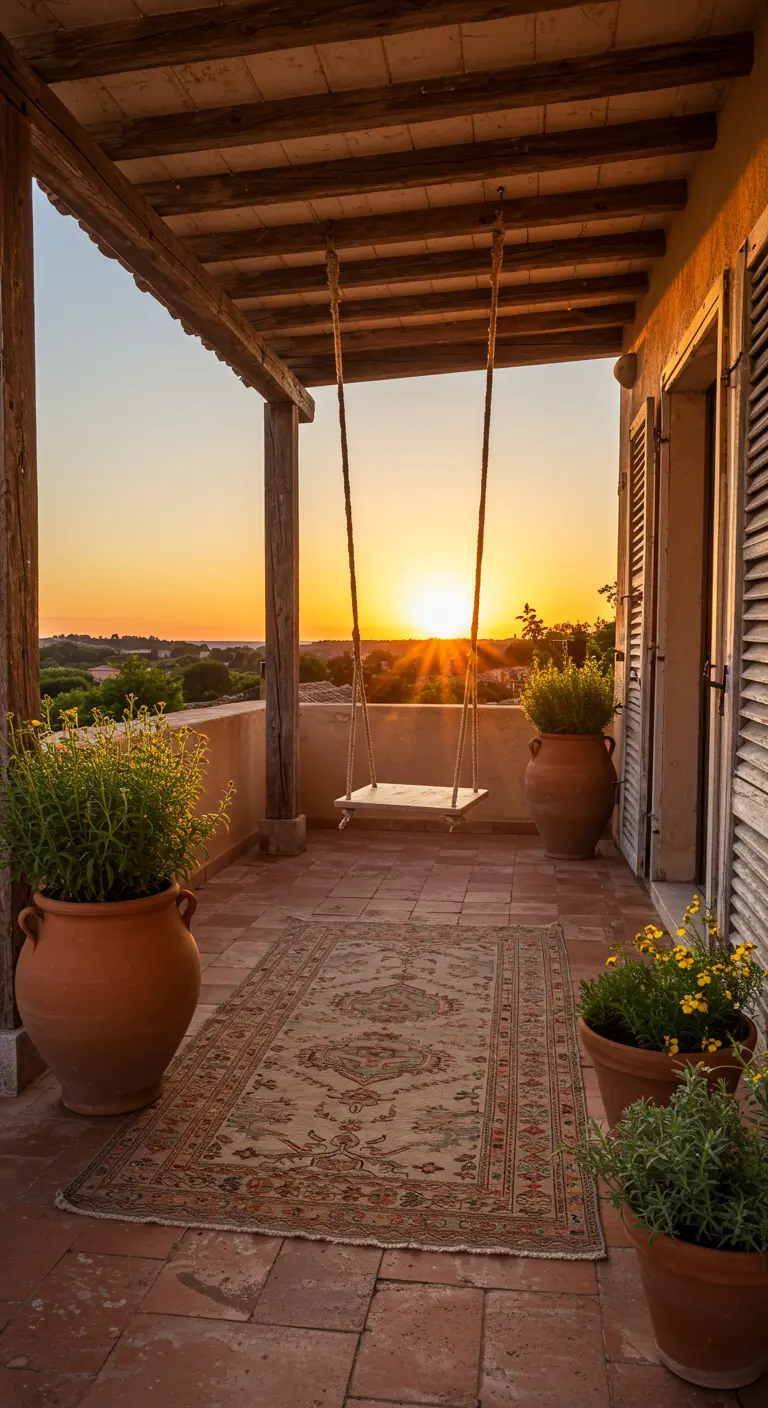 Balançoire en bois simple suspendue sur une terrasse de style toscan.