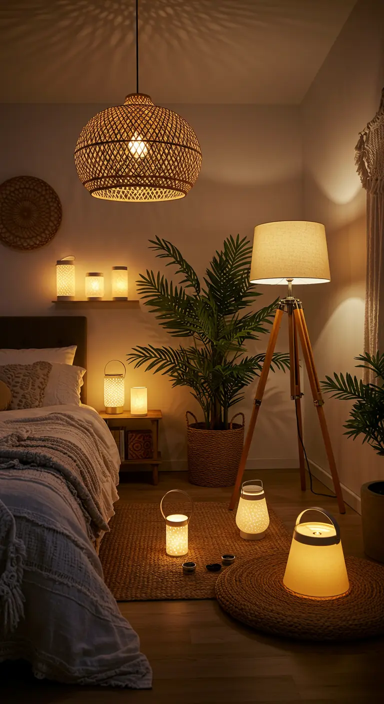 Chambre bohème avec lit, grande suspension en rotin, lampe sur pied, plusieurs lanternes au sol et plantes vertes.