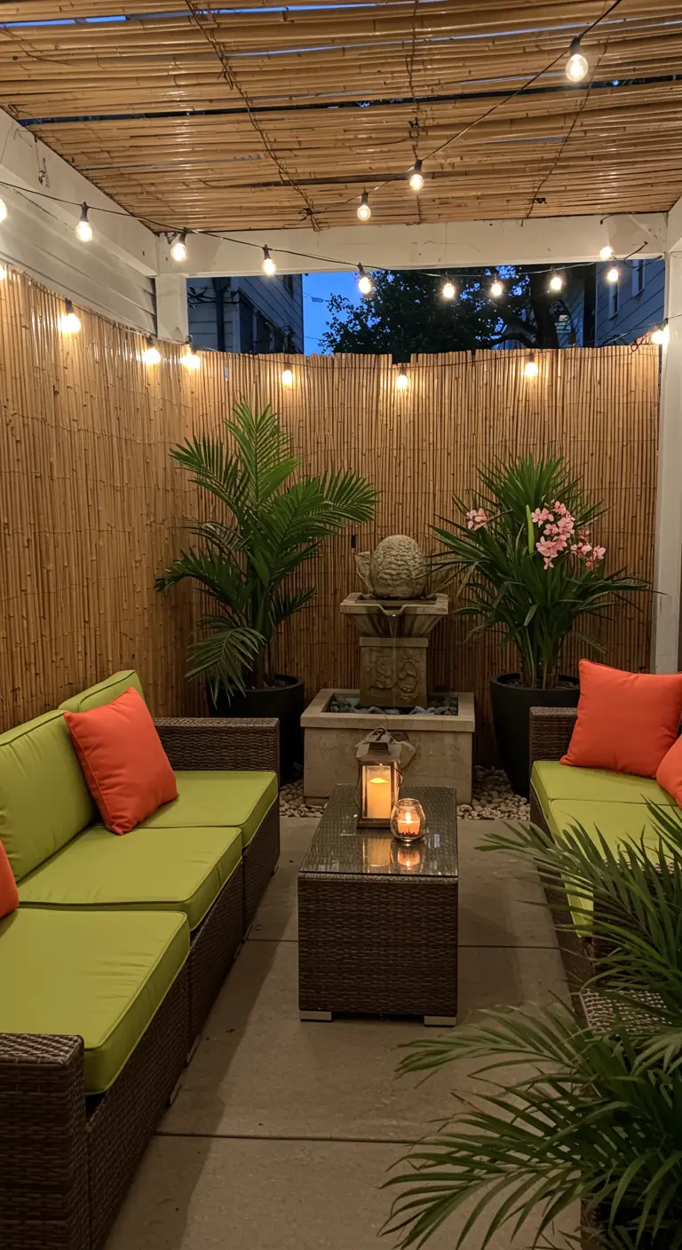 Patio éclairé la nuit avec écran en bambou, canapés verts, coussins orange, et petite fontaine.