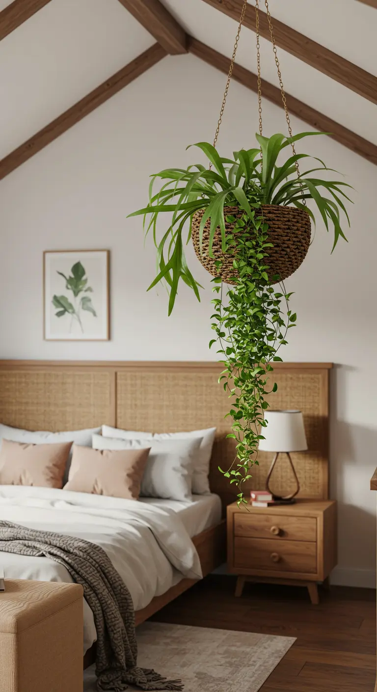 Panier tressé suspendu avec une grande plante verte retombante au-dessus d'un lit avec tête de lit en rotin.
