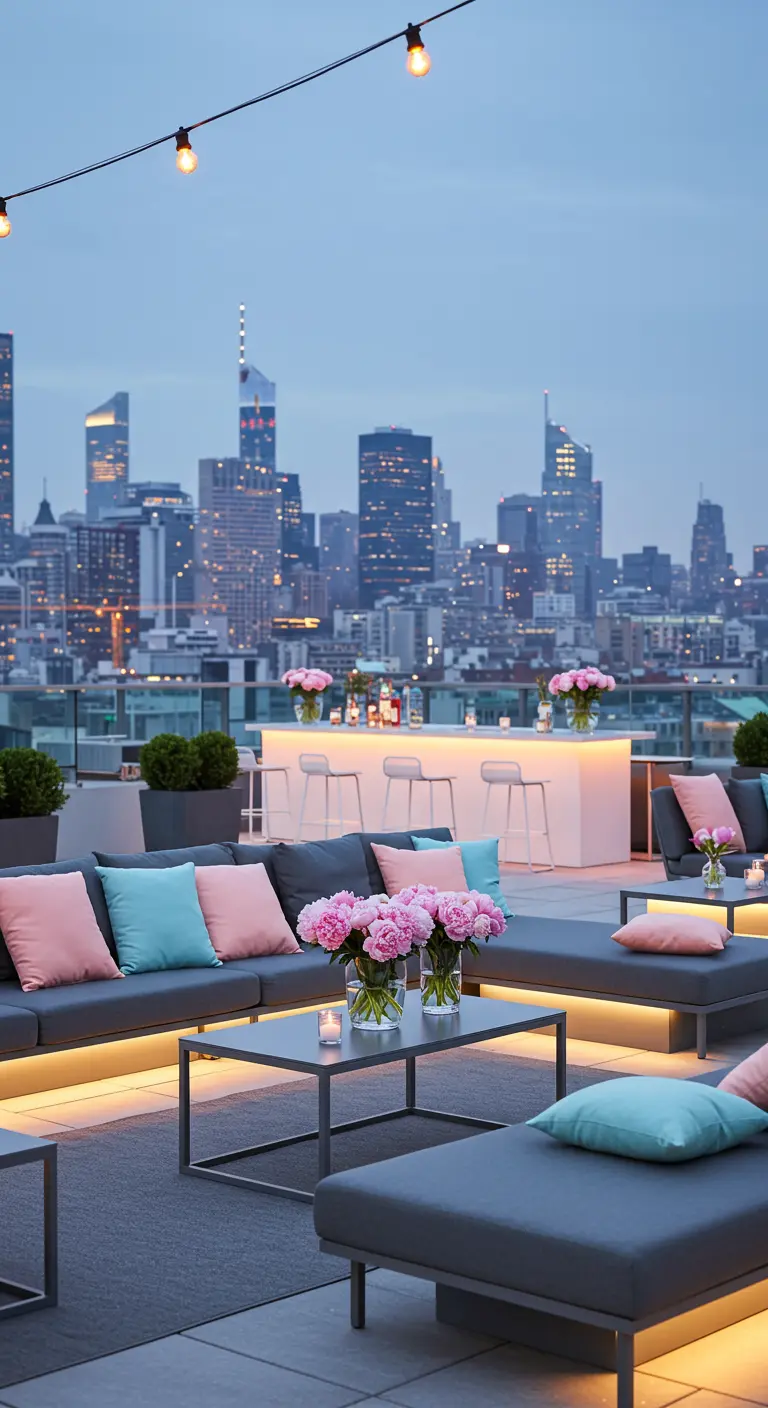 Fête sur un rooftop avec vue sur la ville, canapés gris, coussins pastel et pivoines roses.