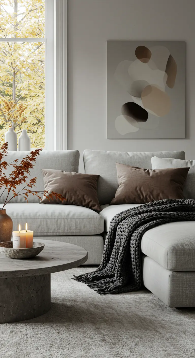 Canapé gris clair avec des coussins en velours marron et un plaid anthracite.