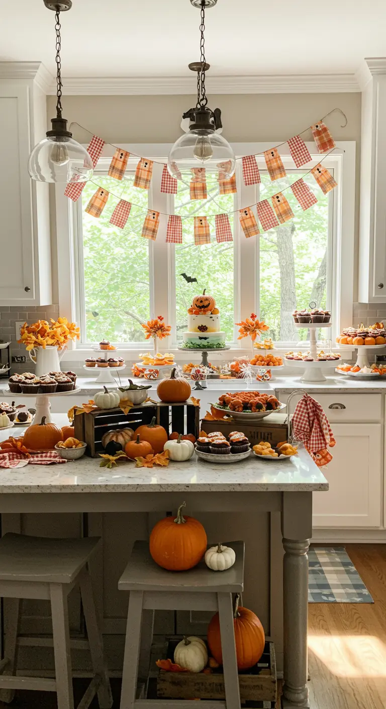 Cuisine de style farmhouse décorée pour Halloween avec un buffet de gâteaux.
