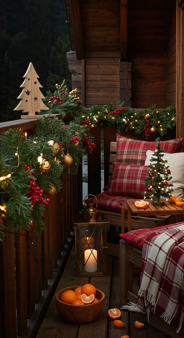 Balcon décoré pour Noël avec guirlande de sapin, mandarines, petit sapin lumineux.