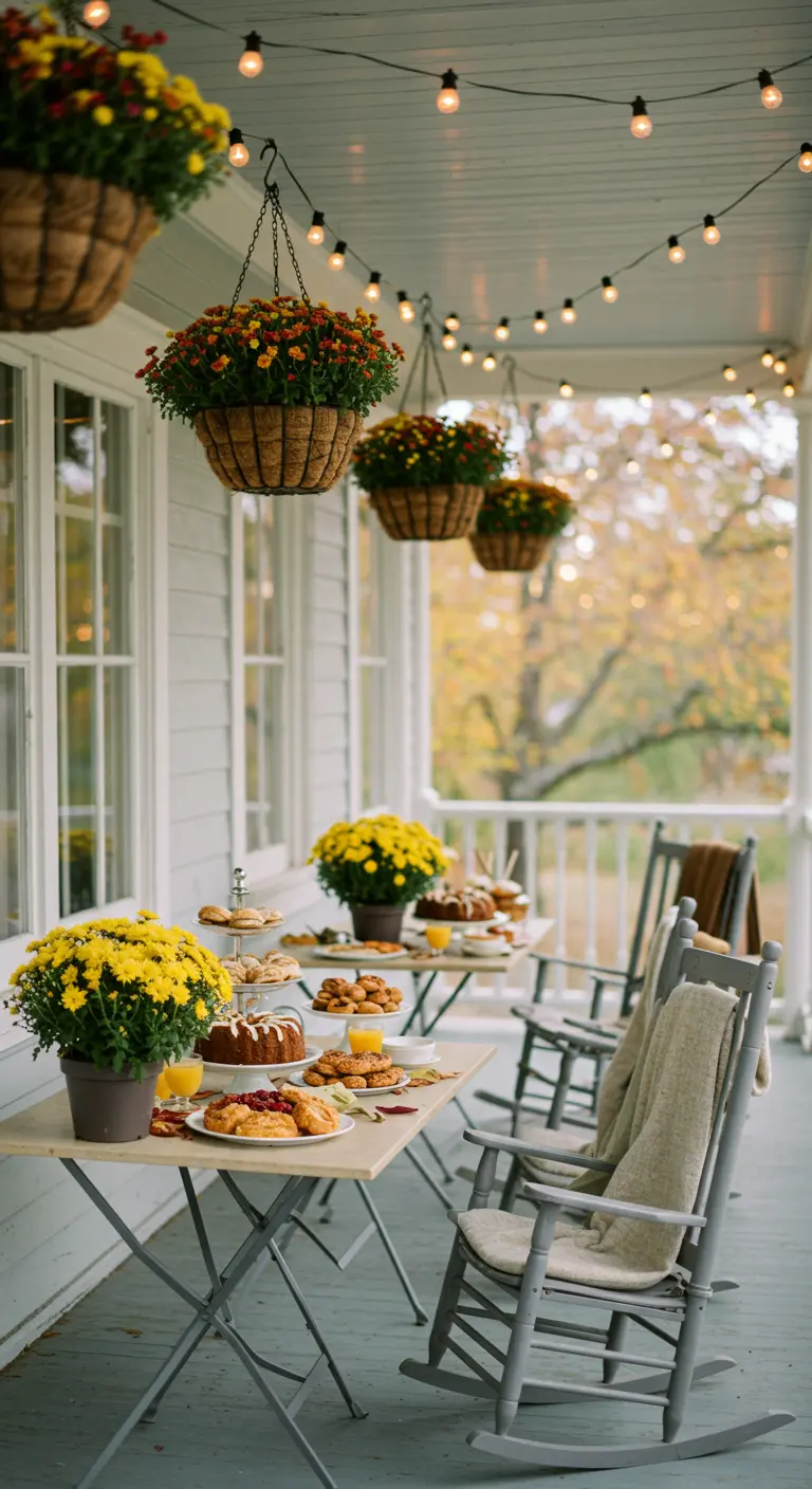 Porche décoré d'hortensias jaunes, guirlandes lumineuses, rocking-chairs et pâtisseries.