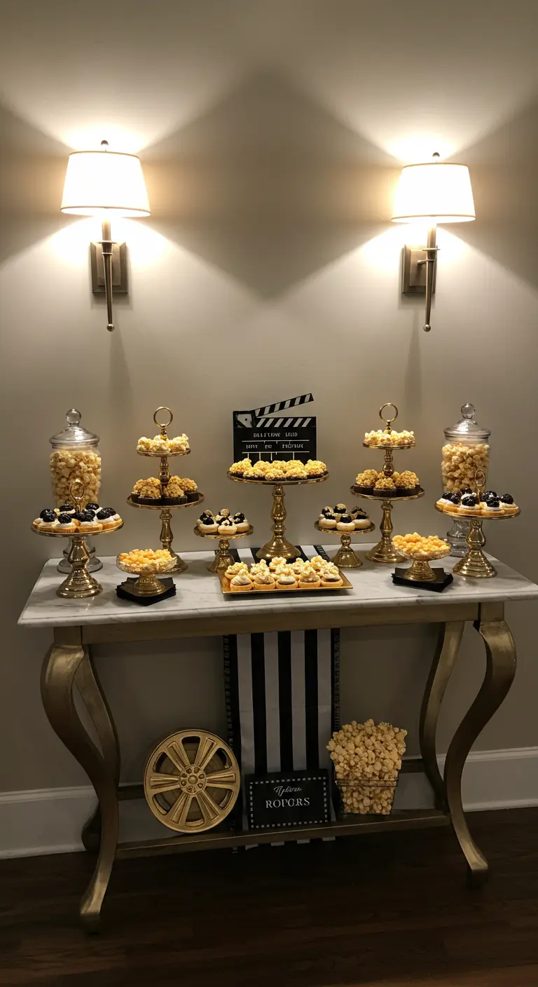 Table de desserts élégante avec présentoirs dorés, clapperboard et pop-corn sucré.