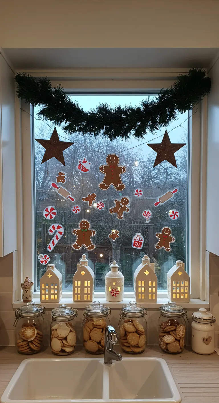 Fenêtre de cuisine décorée avec des stickers de pain d'épices et un village de Noël lumineux.