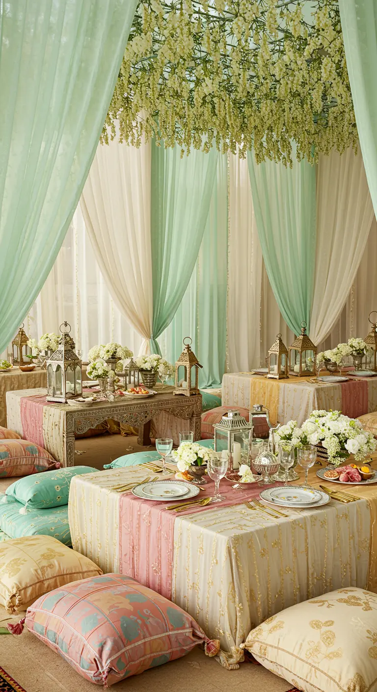 Décor de réception aux tons pastel, avec des voilages vert menthe et roses.