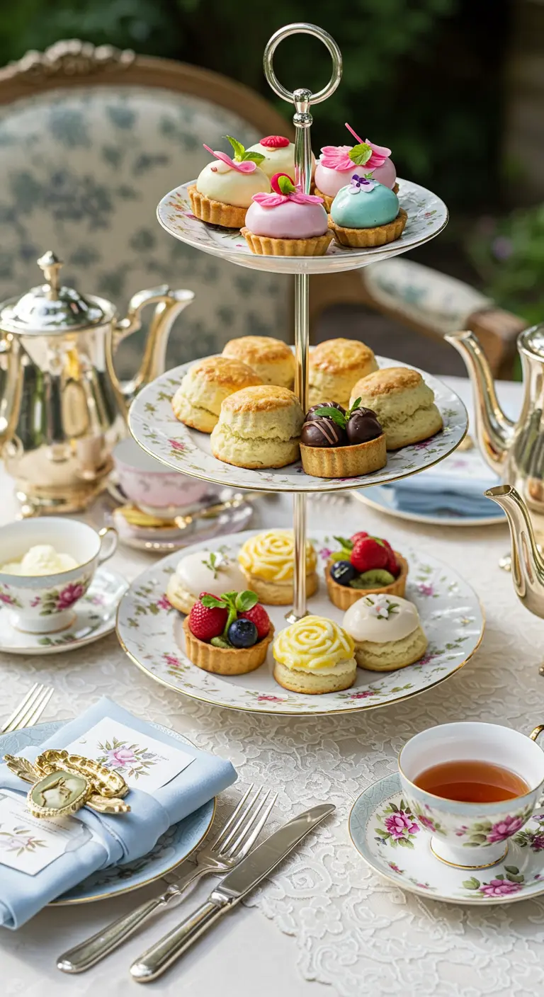 Élégant tea time avec présentoir à trois étages de pâtisseries fines, scones et tasses à thé.