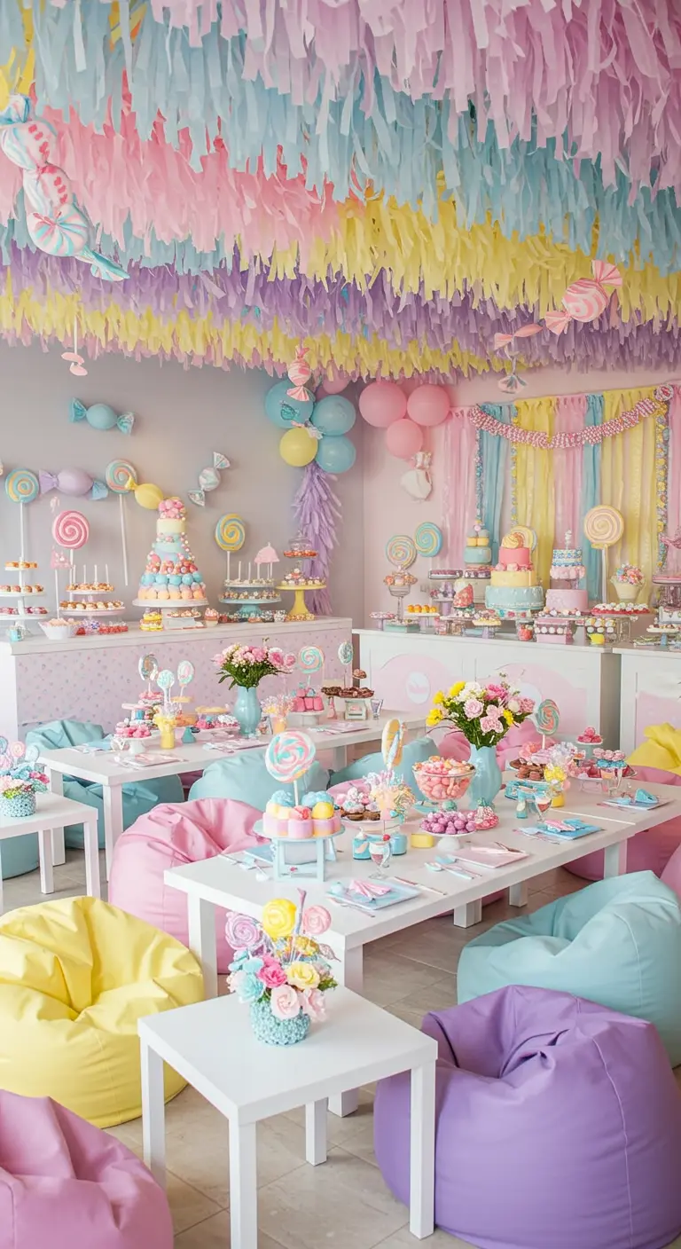 Guirlandes de lanières de papier crépon pastel couvrant un plafond pour une fête sur le thème des bonbons.